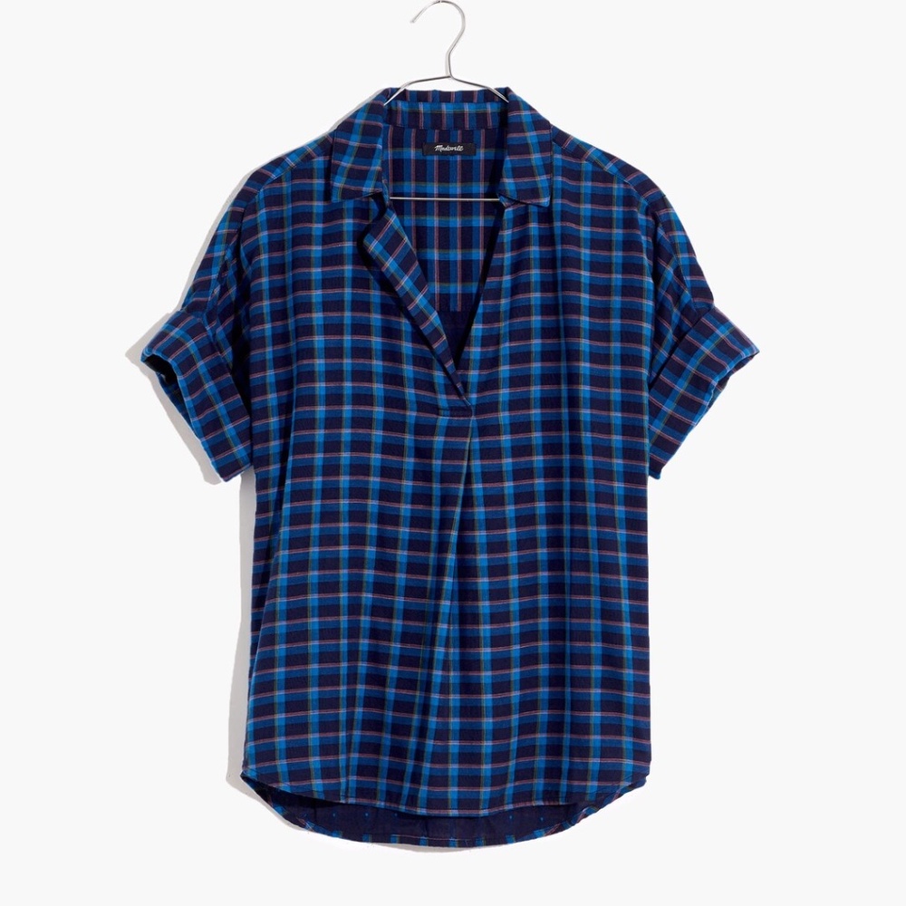 Madewell Double-Faced Park Popover Shirt in Blue Plaid XS 100%cotton